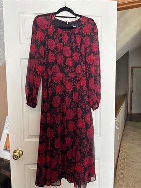 Tommy Hilfiger Black Midi Dress with Red Floral Print